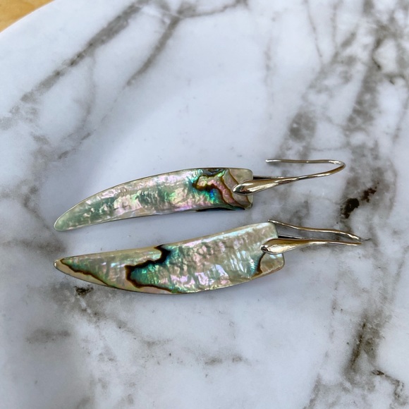 Abalone Shell Dragon's Tooth Long Earrings Silver Plated Pierced 12x45mm NEW - Picture 2 of 4